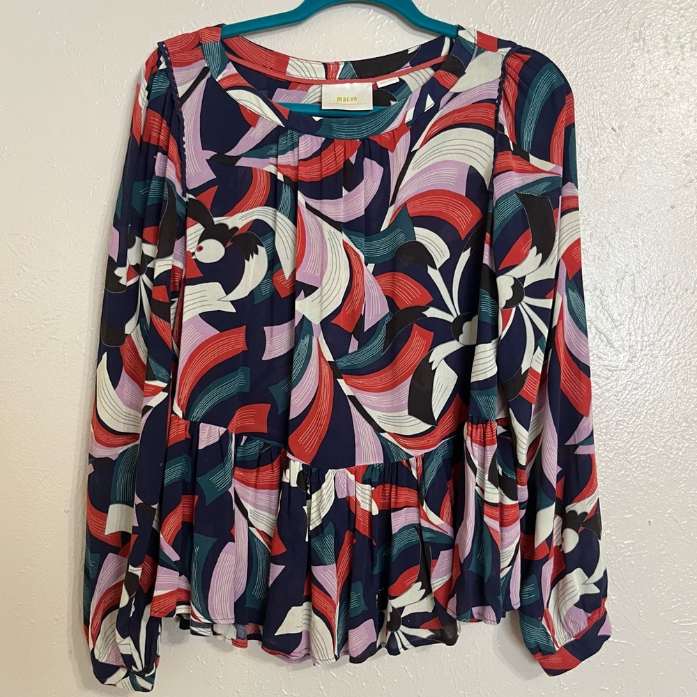 Maeve Anthropologie Cheyenne Bird Print Long Sleeve Peplum Blouse Size Small